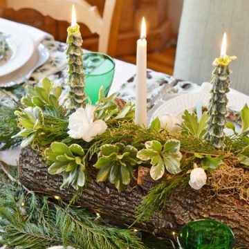 Yule log tablescape from cottage at the crossroads