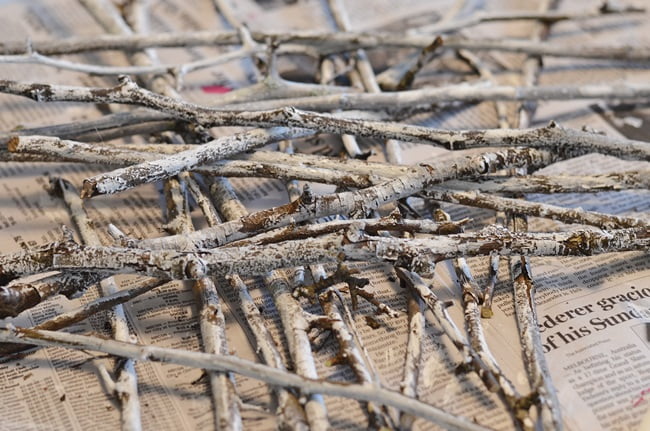 White-washed twigs used to make a rustic twig heart