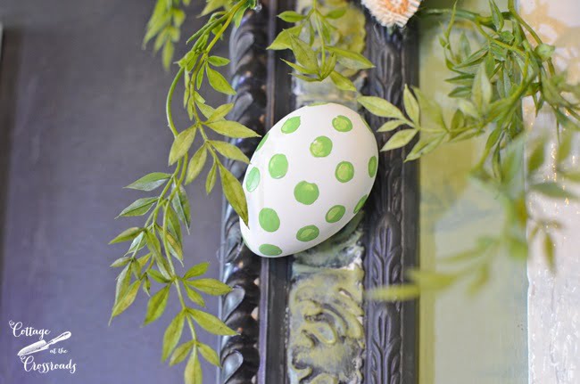 Green polka dot egg on a happy spring chalkboard | cottage at the crossroads