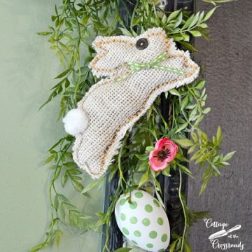 White burlap bunny on the happy spring chalkboard | cottage at the crossroads