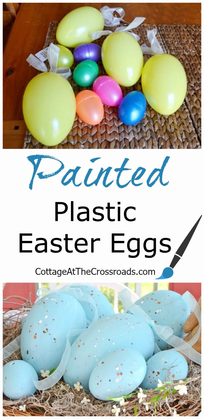 Painted plastic easter eggs in a made-over basket | cottage at the crossroads