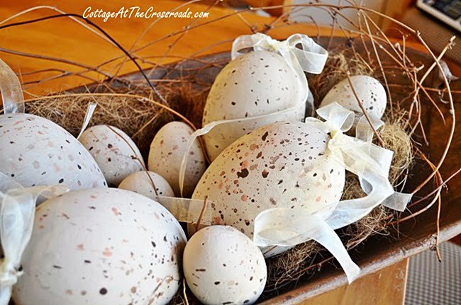 Painted plastic easter eggs in a dough bowl | cottage at the crossroads