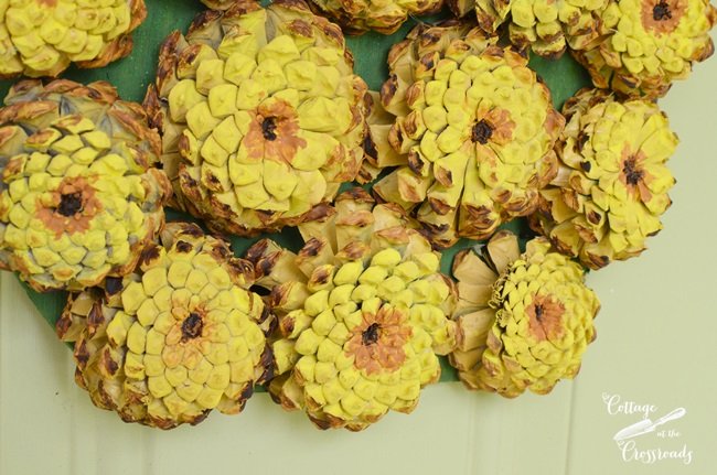 Painted pine cones on a pineapple wreath