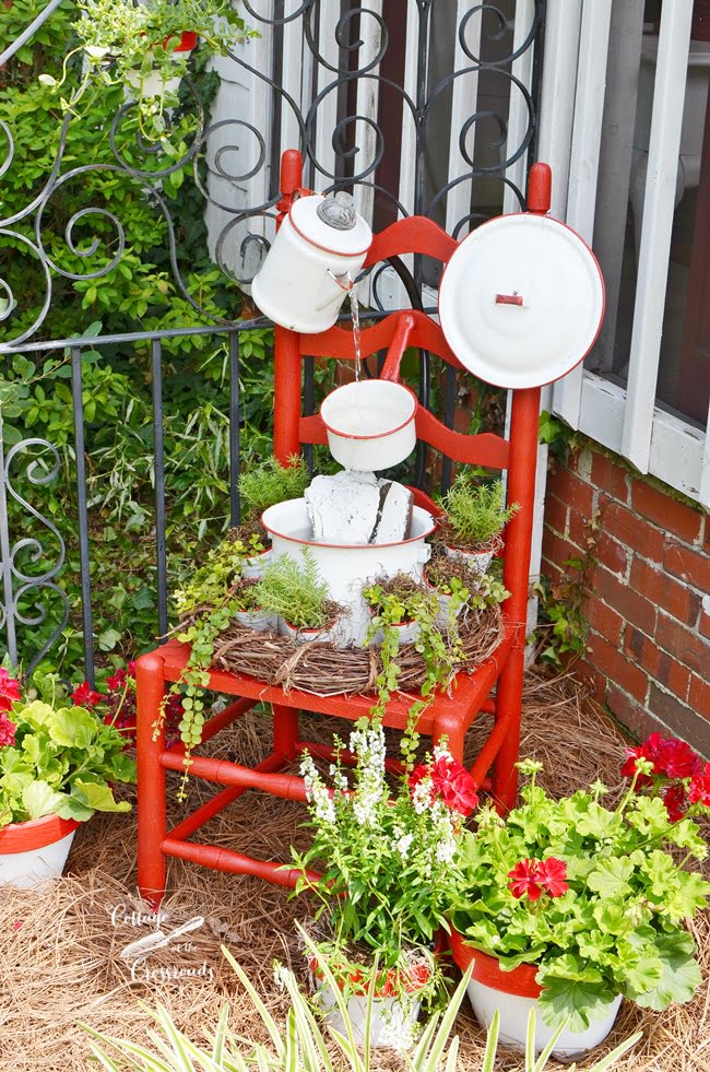 Vintage enamelware chair fountain from cottage at the crossroads