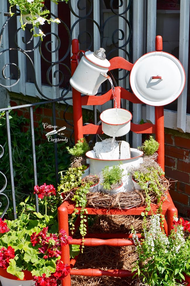 Vintage enamelware chair fountain | cottage at the crossroads