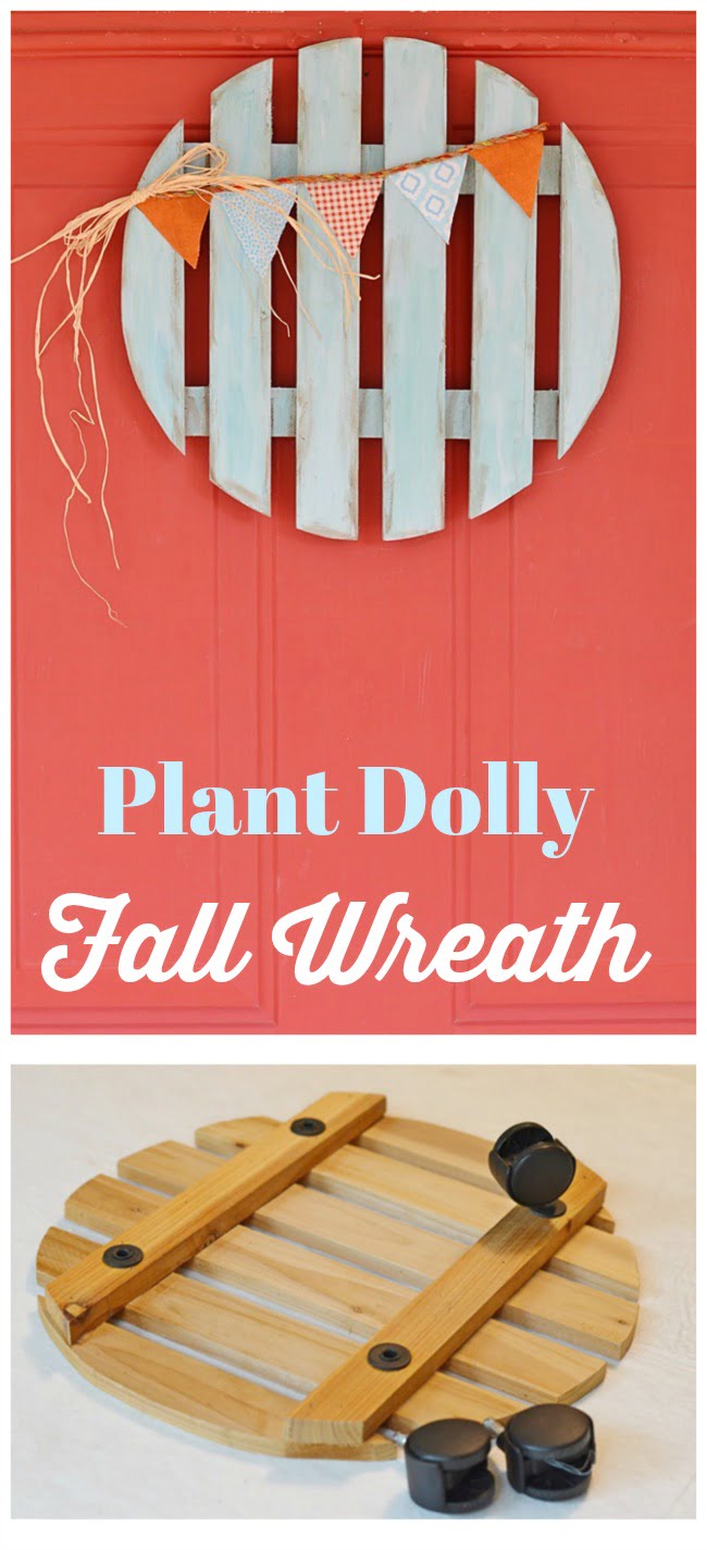 An old wooden plant dolly gets repurposed into a fall wreath