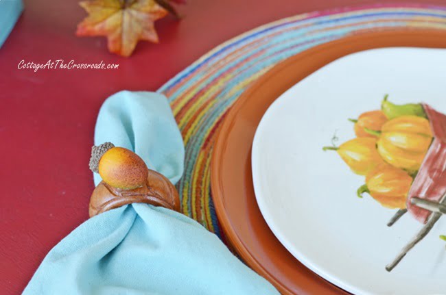 Aqua and other autumn colors used in a tablescape