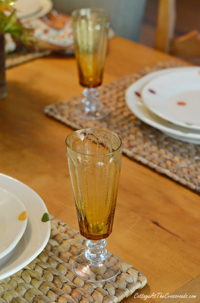 Gold stemware on a fall farmhouse table