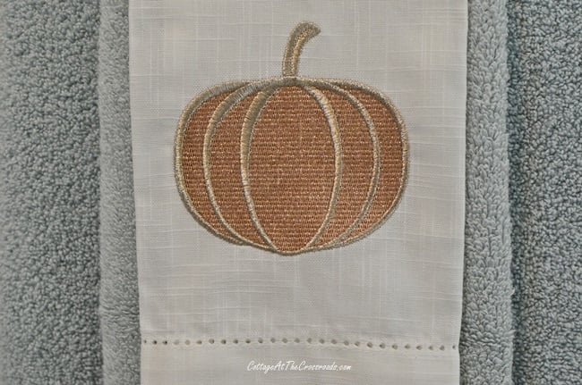 Fall bathroom update with a pumpkin embroidered linen towel