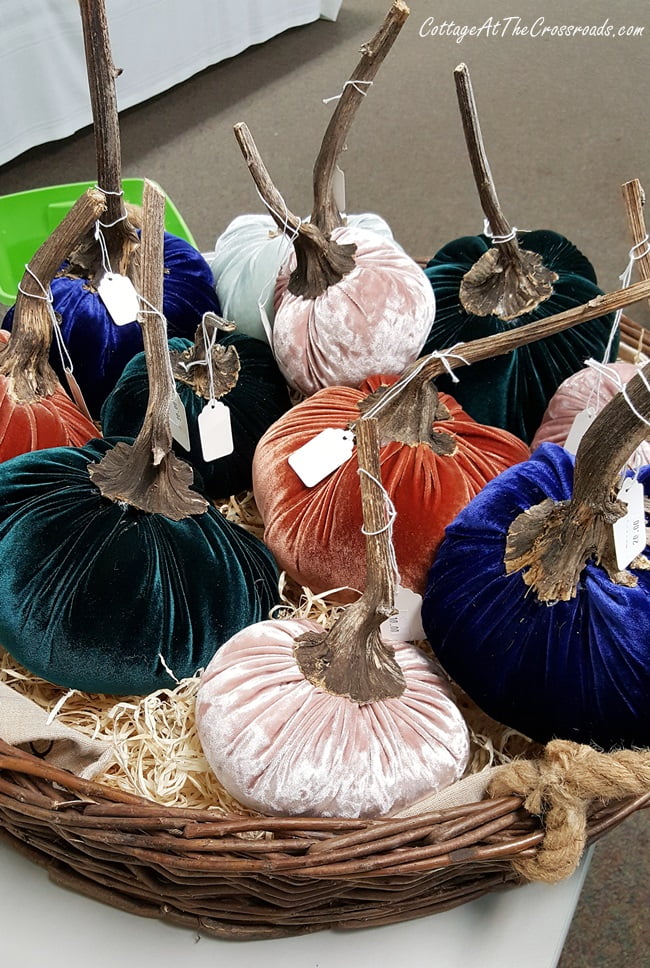 Handmade velvet pumpkins in a basket