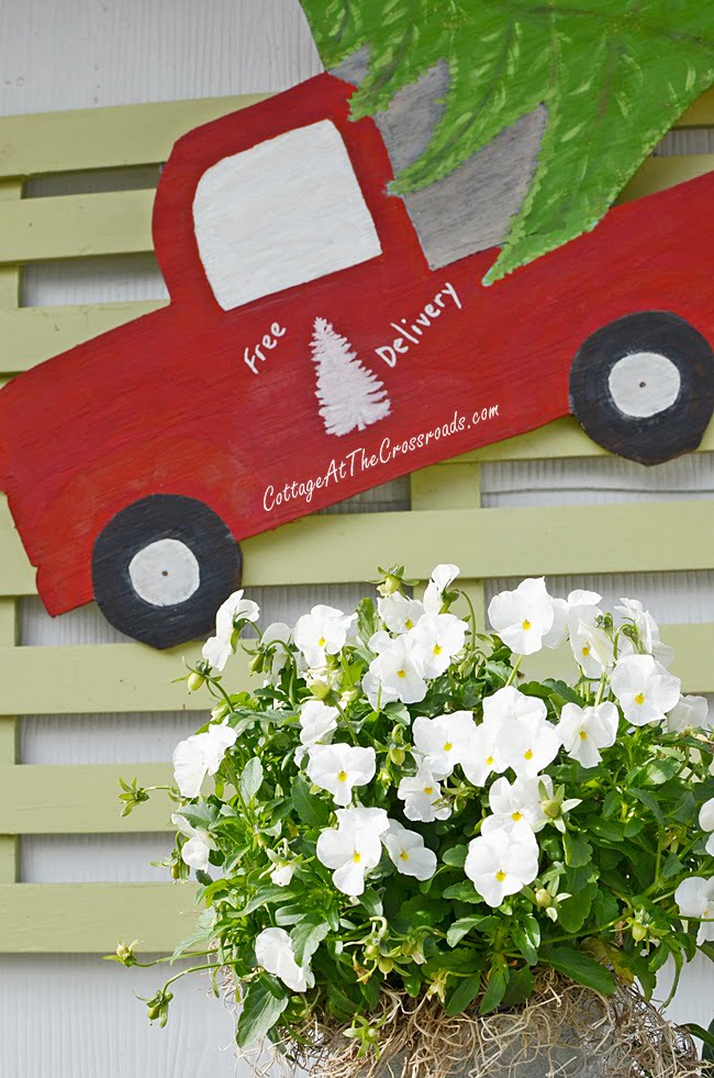 Wooden farmhouse christmas red truck
