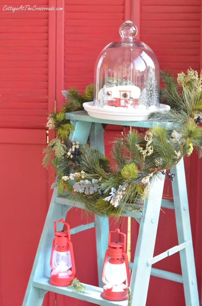 Christmas decorations on an old ladder