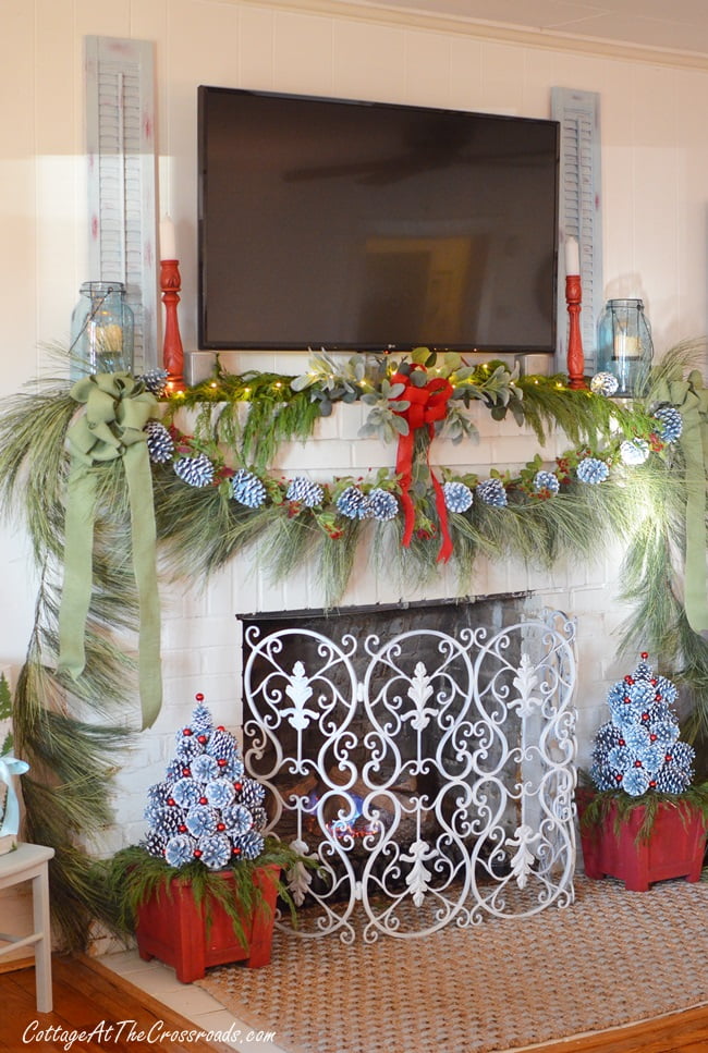 Christmas Mantel with Pine Cone Trees - Cottage at the Crossroads