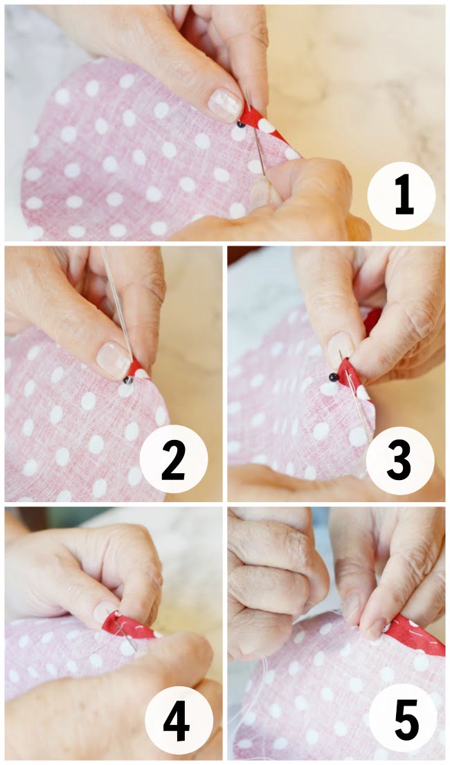 Steps 1-5 in making fabric yo-yos