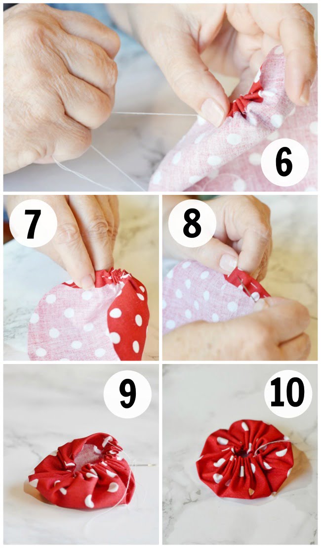 Steps 6-10 in making fabric yo-yos