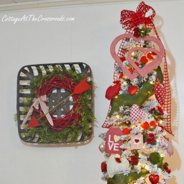 Valentines day tree and wreath in a tobacco basket