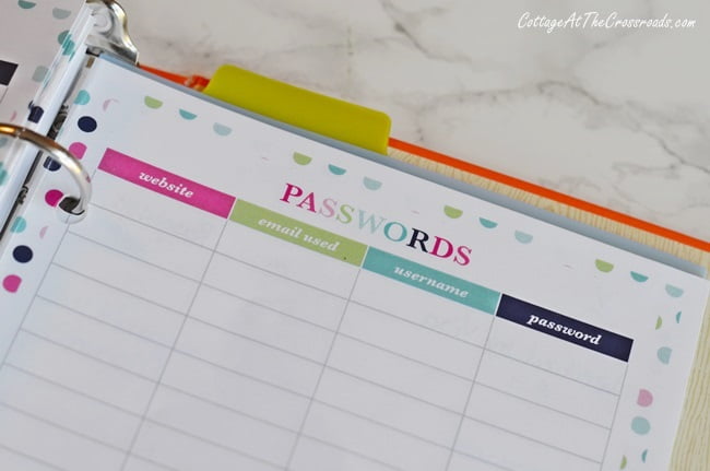 Password keeper in a mini binder planner