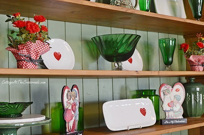 Valentine's day decorations in a pine cupboard