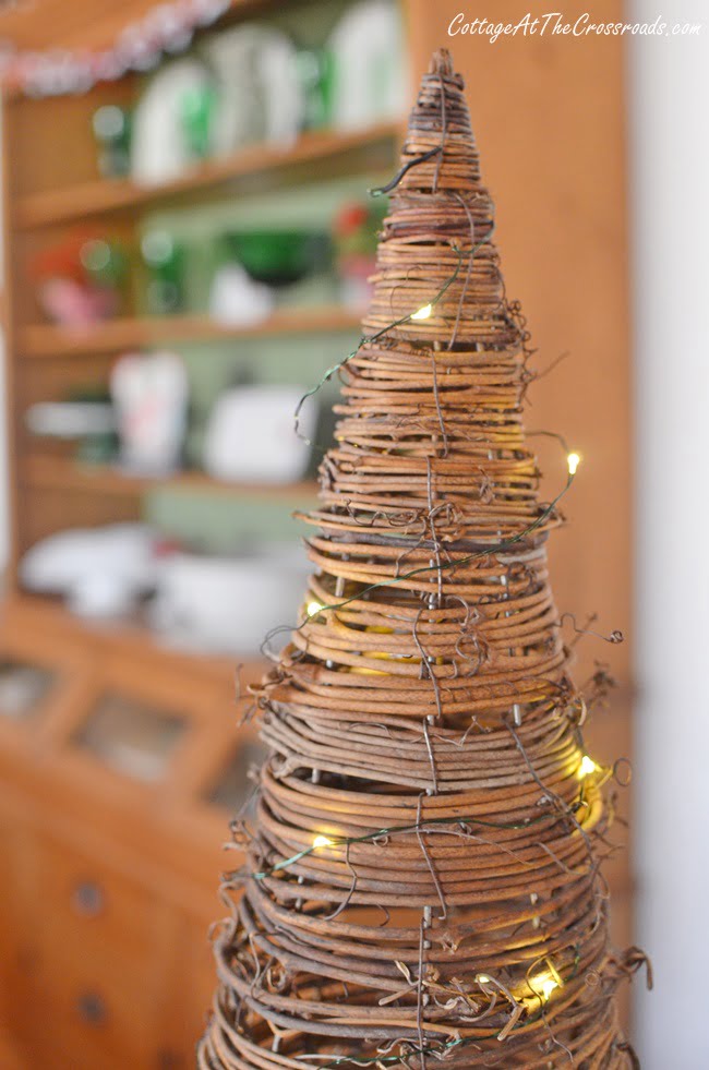 Grapevine cone wrapped with fairy lights