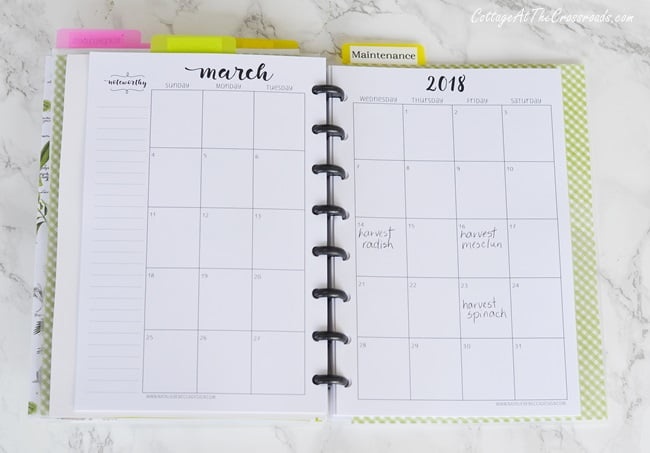 Calendar inside a garden journal