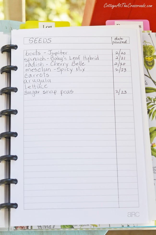 List of seeds in a garden journal