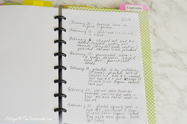 Running log section of a garden journal