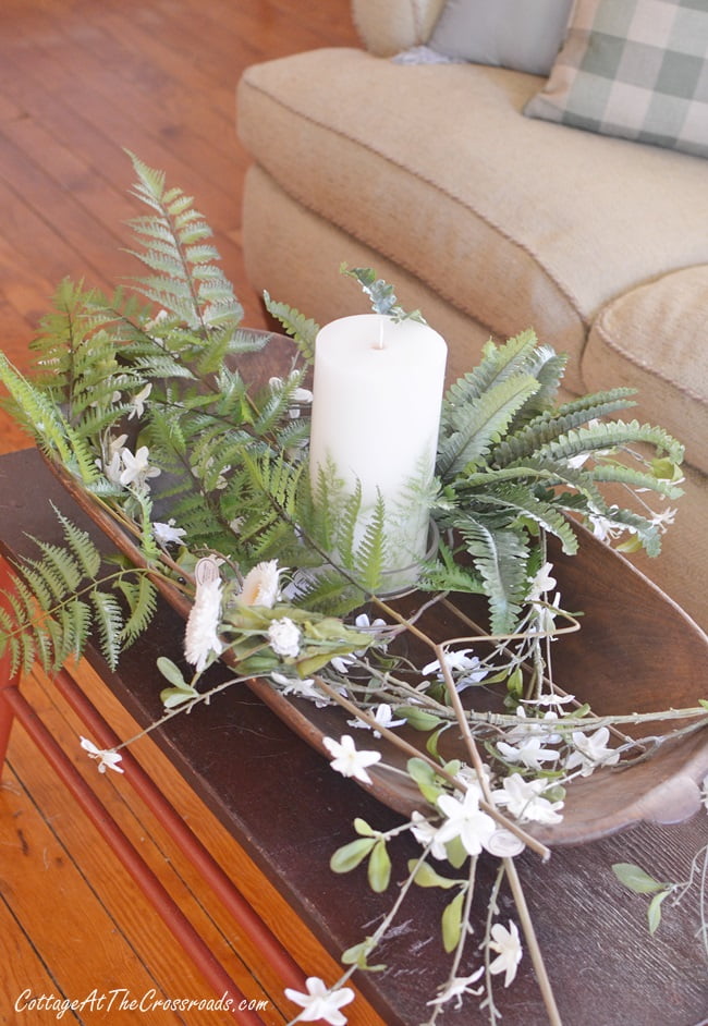 Early spring greenery in a vintage dough bowl