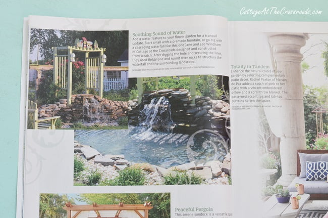 Garden waterfall featured in country sampler spring decorating magazine