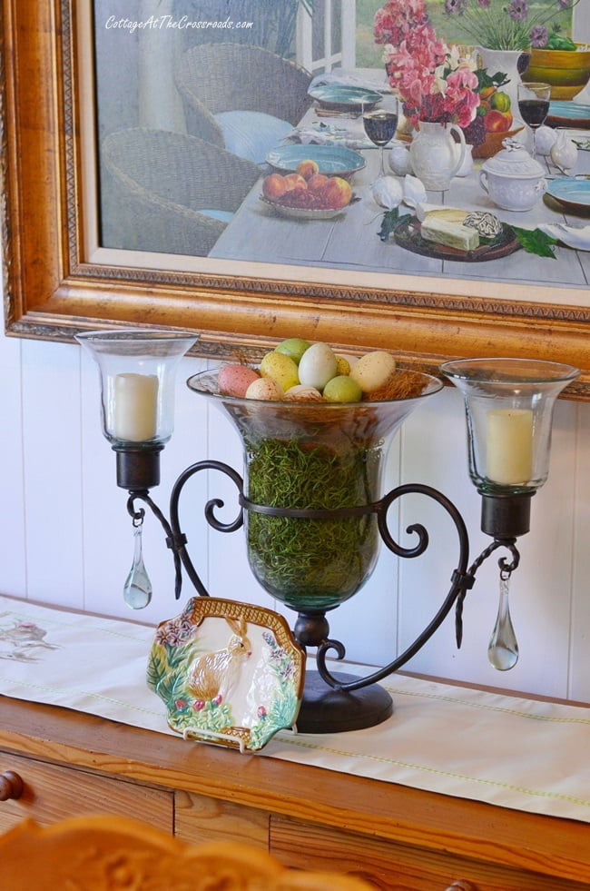 Nest of easter eggs in floral container on a spring tour