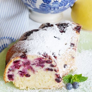 Blueberry lemon pound cake with a dusting of powdered sugar