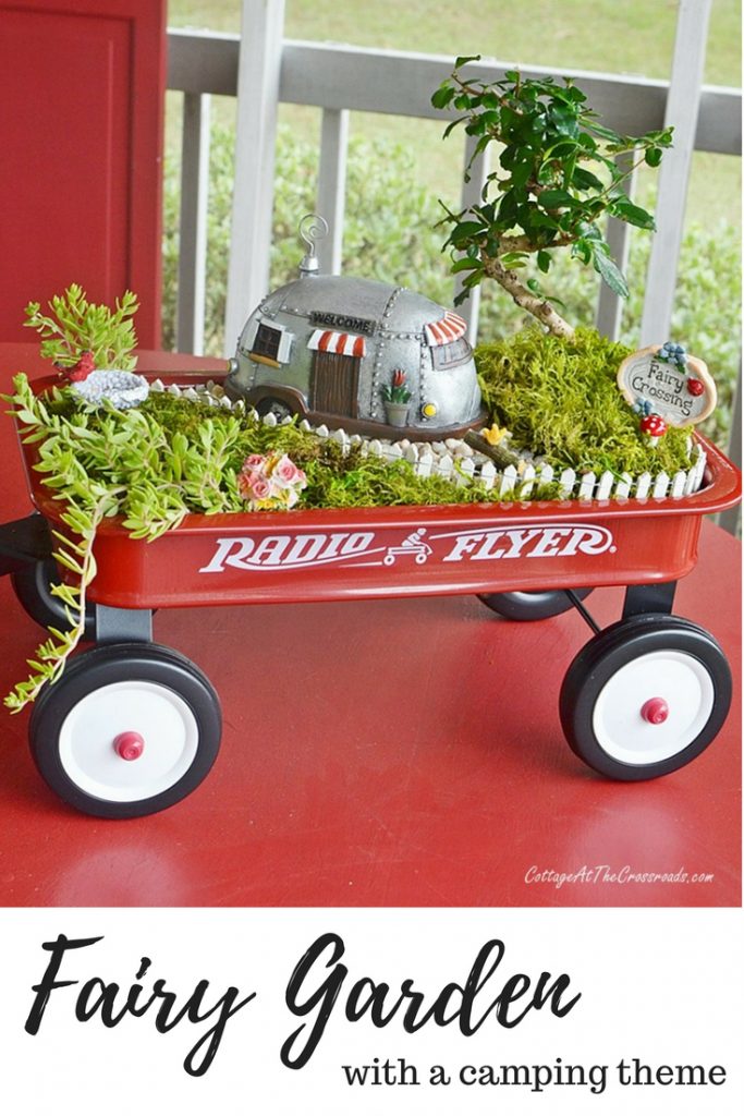 Graphic with text: fairy garden with a camping theme