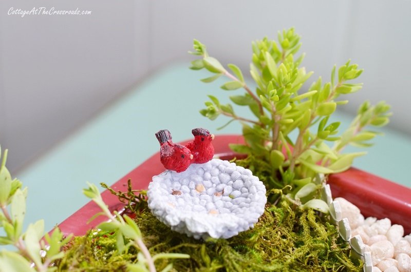 Fairy garden birdbath with 2 cardinals