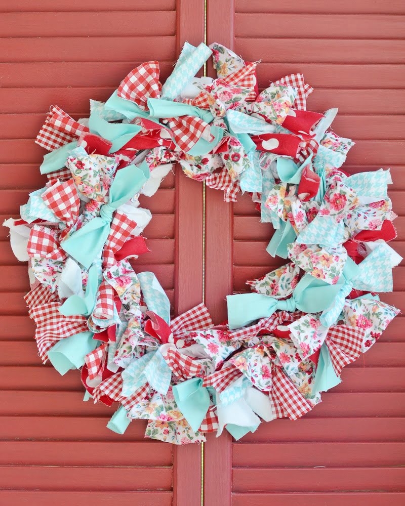 Aqua and red rag wreath