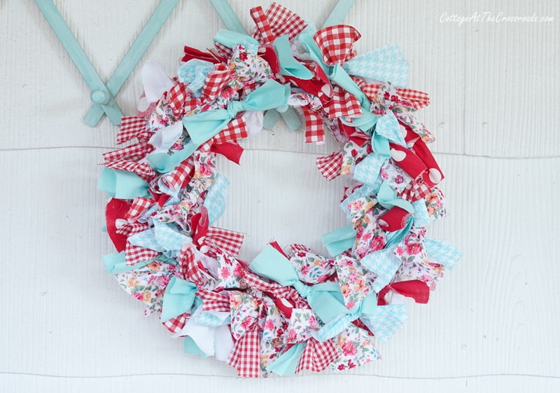 Red and aqua rag wreath