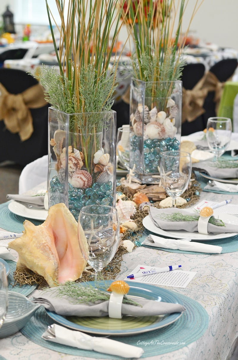 Aqua and natural coastal themed tablescape