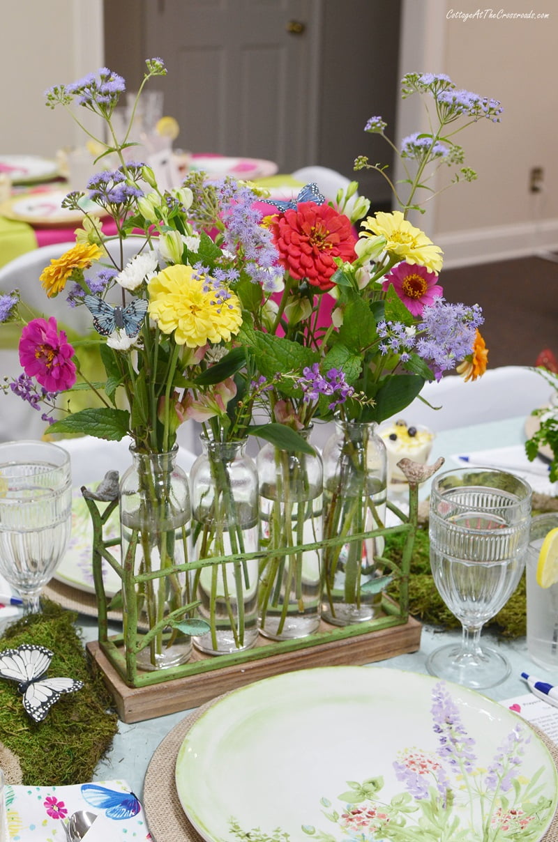 Floral centerpiece for butterfly meadow tablescape