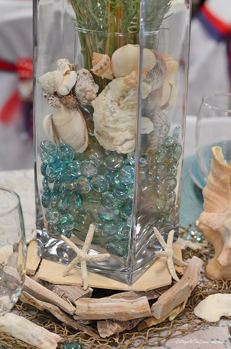 Blue glass and shell filled centerpieces