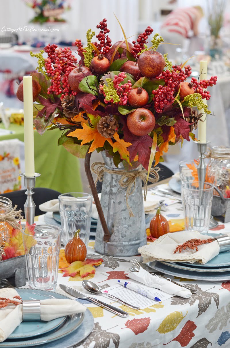 Floral fall centerpiece in a galvanized container