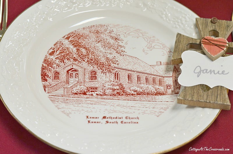 Lamar united methodist church plates used in a tablescape fundraiser