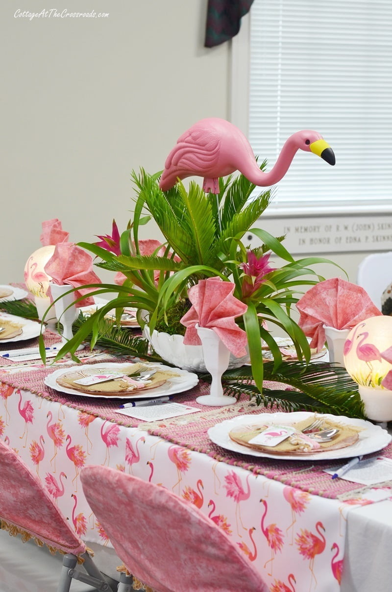 Flamingo centerpiece on a flamingo themed tablescape