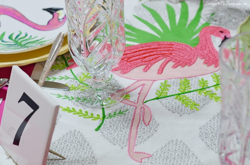 Embroidered flamingo table runner