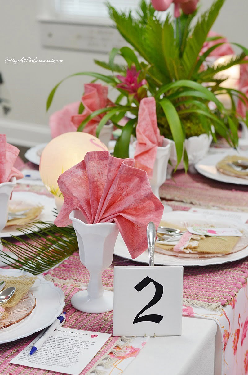 Table 2 with a flamingo theme at our tablescape fundraiser