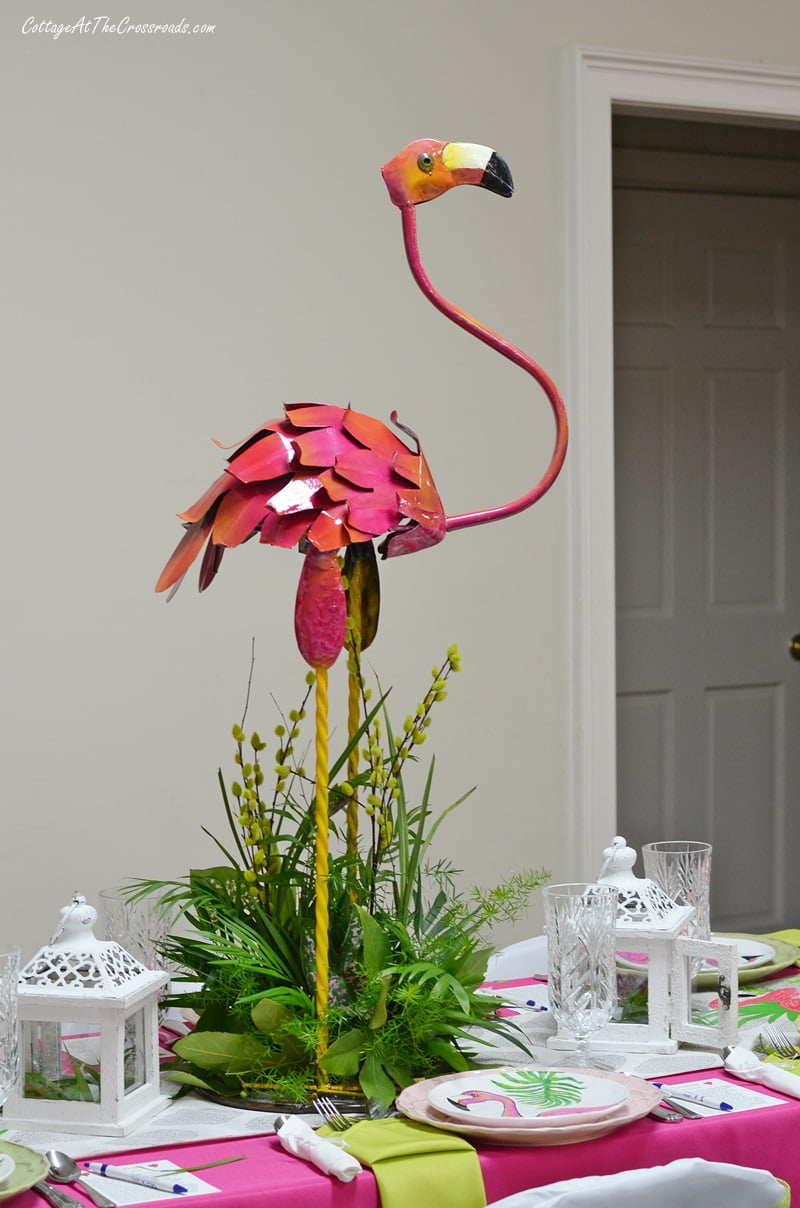 Tall metal flamingo centerpiece