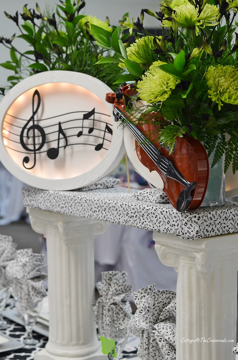 Black and white tablescape with a music theme