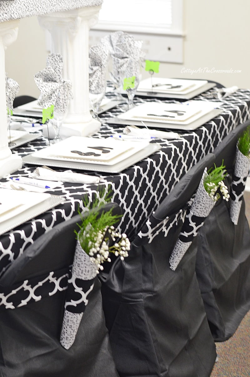 Black and white tablescape with a music theme