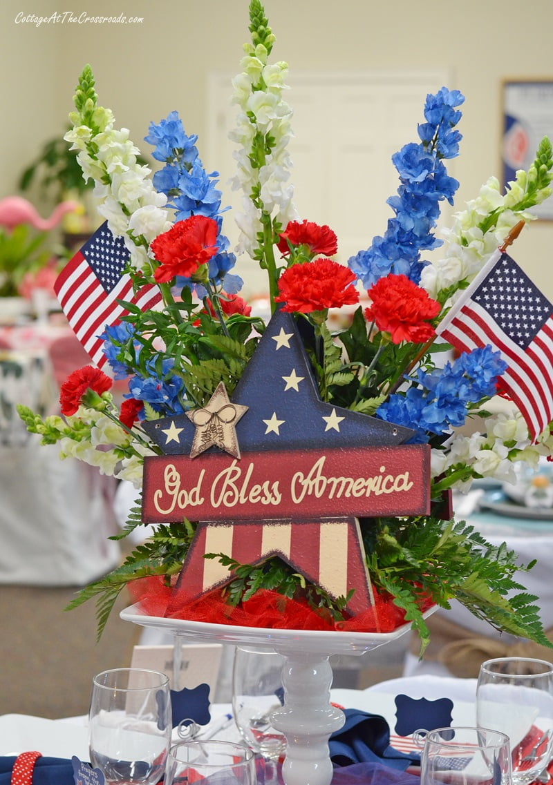 Patriotic centerpiece with red, white, and blue flowers