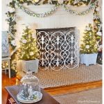 Graphic that says christmas mantel with ornament garland