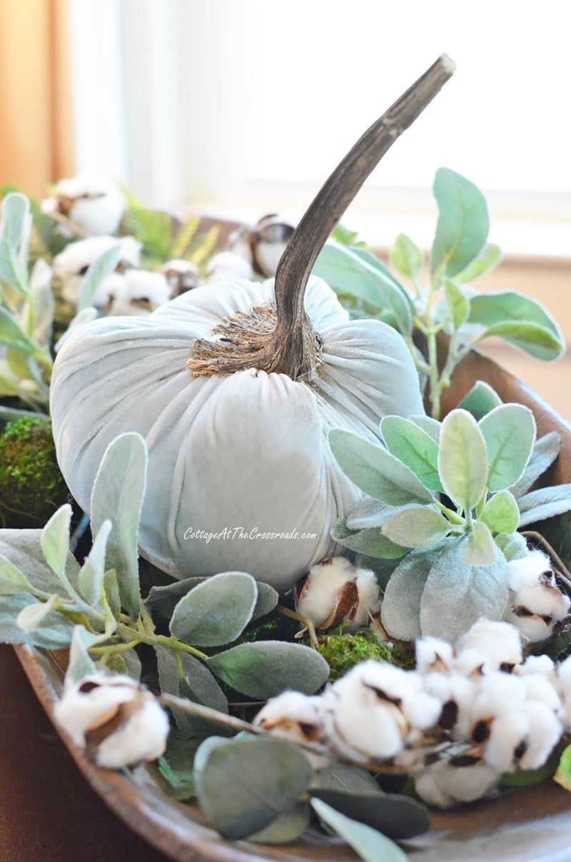 Blue velvet pumpkin in an antique dough bowl