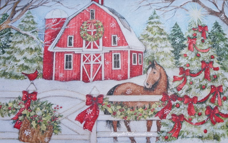 Christmas doormat with a red barn and a horse