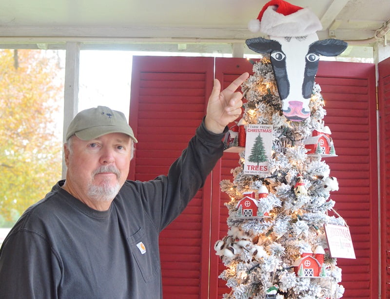 Leo pointing to the cow head christmas tree topper